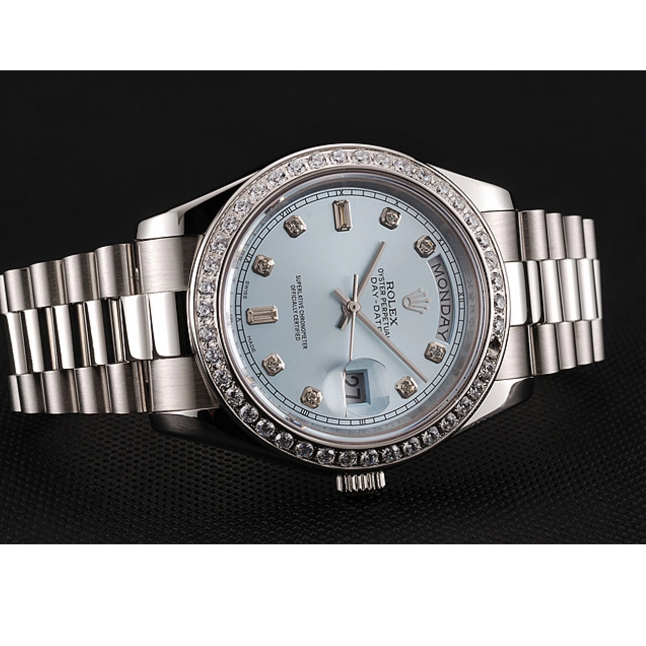 Rolex aaa copy Numerals Day-Date Diamond Diamond Blue Case Dial Stainless Bracelet Rolex Swiss Ice 1453963 Steel 0727